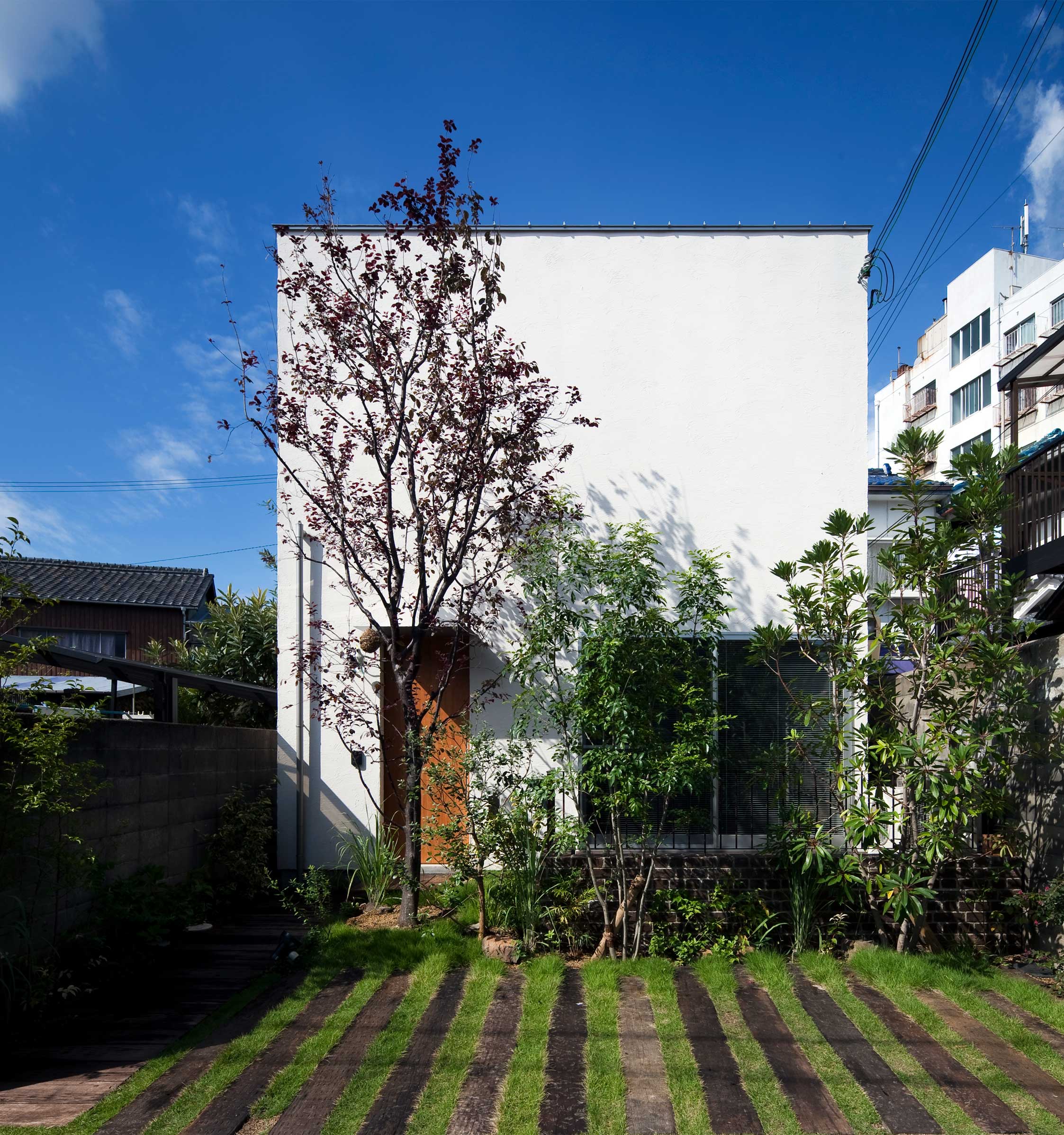 緑豊かな前庭と白い外壁のコントラスト